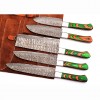 Handmade Damascus Chef Set 5 Pcs Kitchen Knives Set, Green Pakka Wood Handle