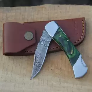 9 Inches Handmade Damascus Steel Back Lock Pocket Knife With Engraved Brass  Clips Green Dollar Sheet Handle. 